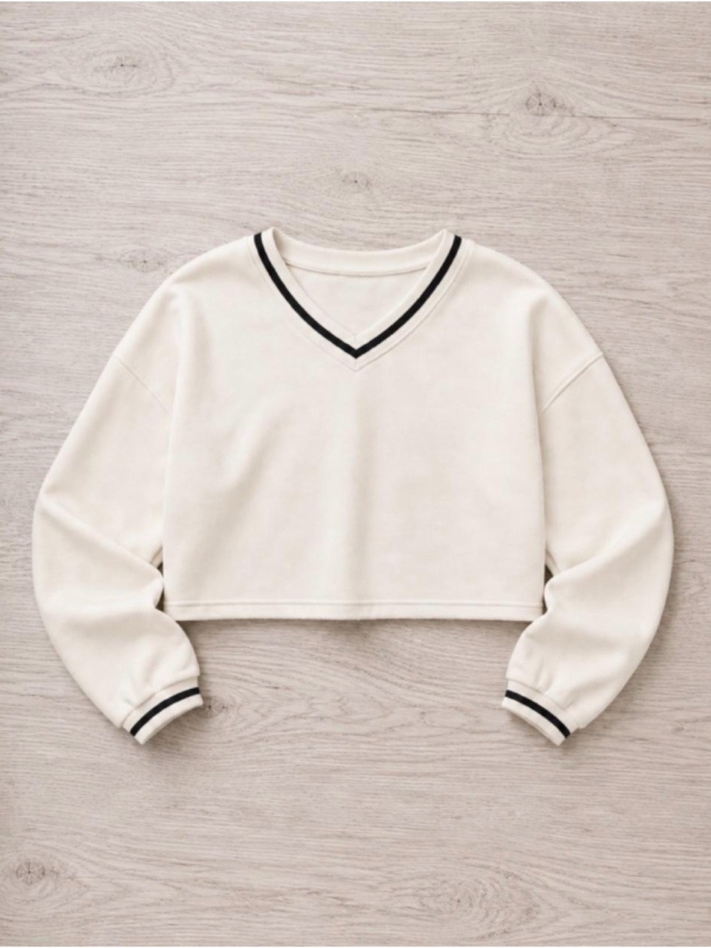 Women's Cream V-Neck Cropped Sweater with Black Trim